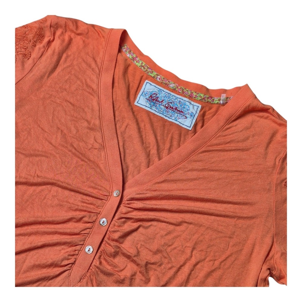 Robert Graham Womens L Orange Ruched V Neck Knit Top Floral Embroidered Boho